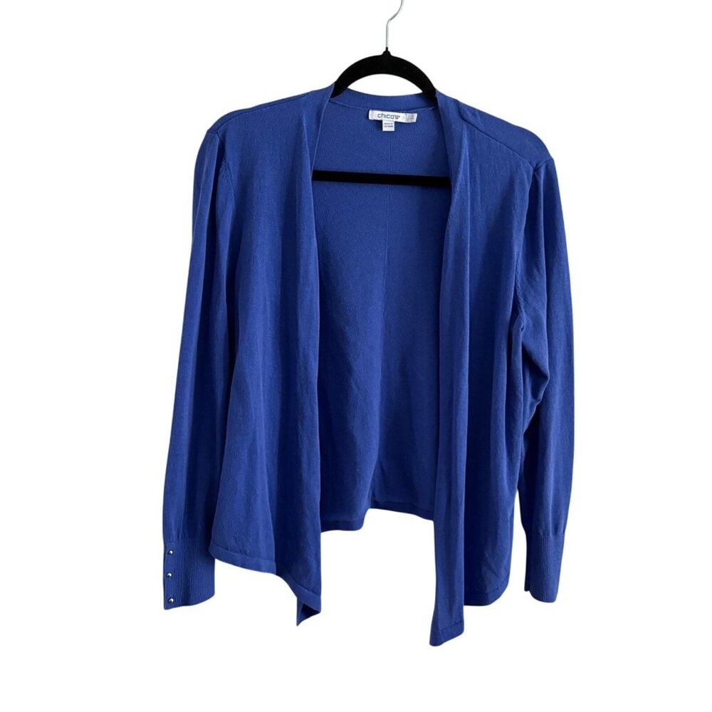 Chicos Women 2 US L Blue Open Front 3/4 3-Silver Button Sleeve Cardigan Sweater